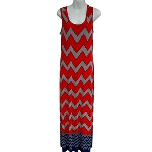 Nine West Red and Gray Sleeveless Maxi Dress for Resort Wear Chevron Pattern Med